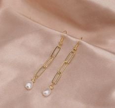 Gold Link Chain Freshwater Pearl Dangle Earrings